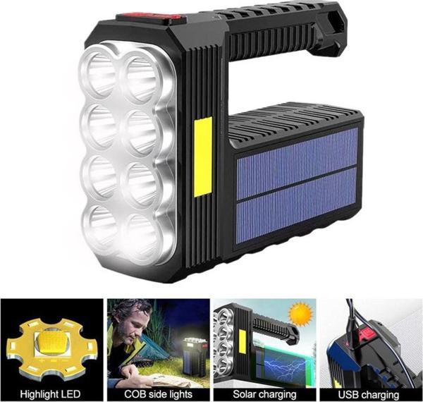 El Feneri Çok Fonksiyonlu 8 Gözlü Şarjlı Solar Usb Güneş Enerjili Şarj Edilebilir Süper Parlak El Fe - Image 1