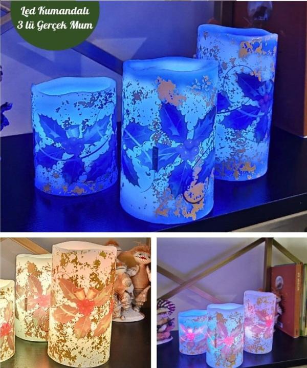 Kumandalı 9 Renk Yanabilme ve Animasyonlu Yılbaşı Noel Temalı 3 lü Set Led Gerçek Mum Büyük Boy Led  - Image 1