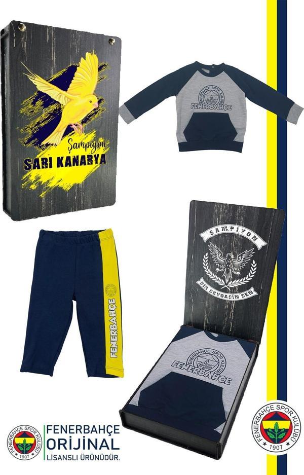 Fenerbahçe Orijinal Fb Logo Sarı-Lacivert Bebek Sweat Eşofman Alt Set Ahşap Kutulu - Image 1