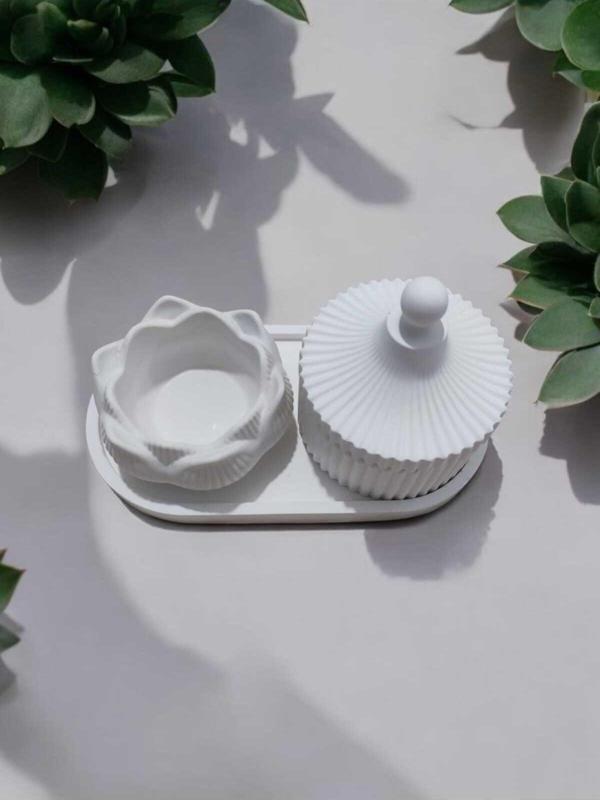 Ayd- 3lü Sunum Tabağı Kapaklı Vazo Ve Lotus Süslük Takılık %100 Doğal Taş Tozu - Image 1