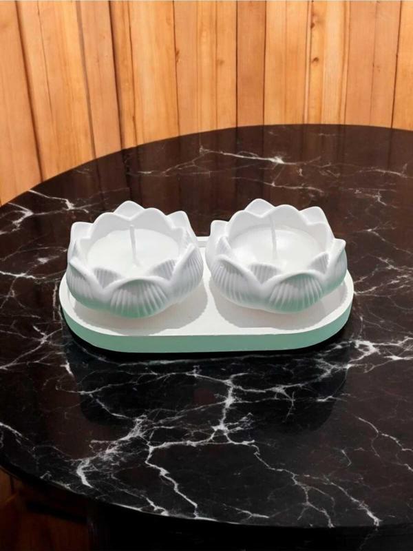 AYD Lotus Çiçek Sunup Tepsi Doğaş Taş Tozu %100 Soya Mum Dekoratif Süslük Takılık - Image 1