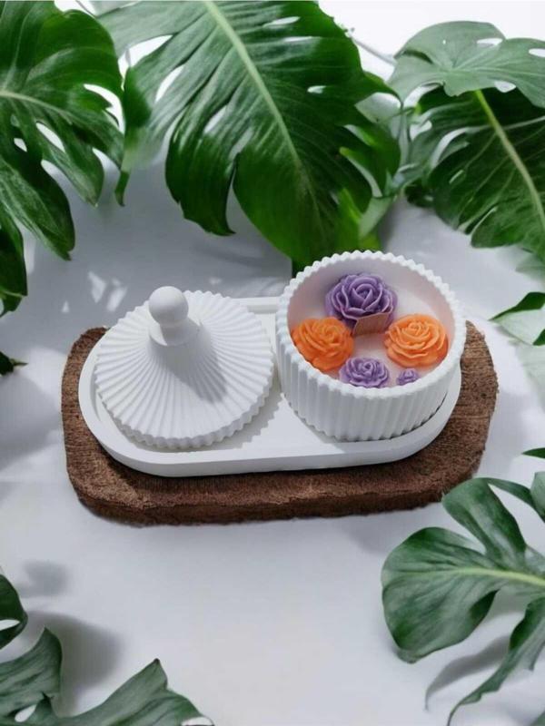 AYD- Sunum Tepsi ve Mini Kabaklı Çizgili Vazo  Gül Model %100 Soya Wax %100 Taş Tozu - Image 1