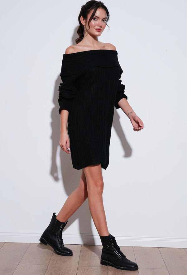 Lela Oversize Fit Kayık Yaka Uzun Kollu Mini Triko Bayan Elbise 4615218 SİYAH - Image 1