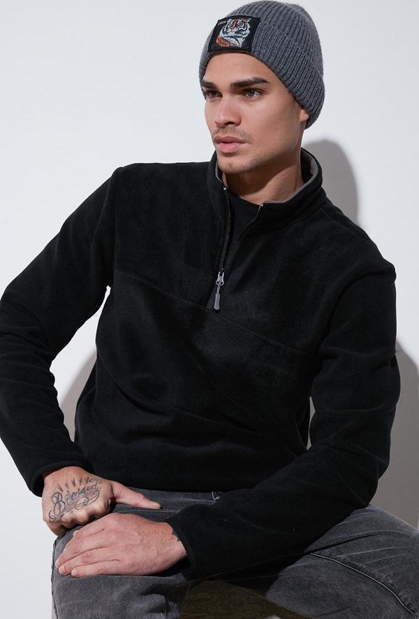 Buratti Regular Fit Anti-Pilling Tüylenme Yapmayan Dik Yaka Kalın Kışlık Şardonlu Erkek Polar 5896700 SİYAH - Image 1