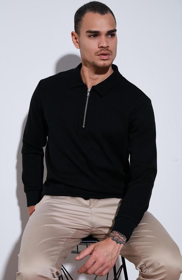 Buratti Pamuklu Regular Fit Yarım Fermuarlı Polo Yaka Erkek Sweat 5905805 SİYAH - Image 1