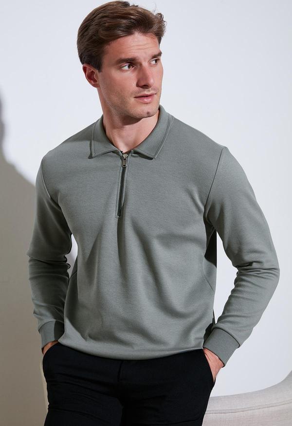 Buratti Pamuklu Regular Fit Yarım Fermuarlı Polo Yaka Erkek Sweat 5905789 AÇIK HAKİ - Image 1