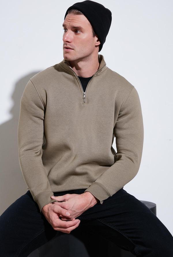 Buratti Pamuklu Regular Fit Yarım Fermuarlı Dik Yaka Erkek Sweat 59052592 Vizon Yeşili - Image 1
