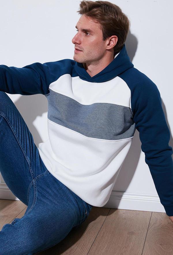 Buratti Pamuklu Regular Fit Renk Bloklu Kapüşonlu Erkek Sweat 5905771 İNDİGO - Image 1