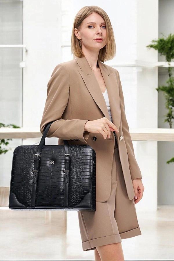 Terzi Bey Unisex Lüx 14-15.6" İnç Siyah Kroko Ofis Evrak Laptop Çantası - Image 1