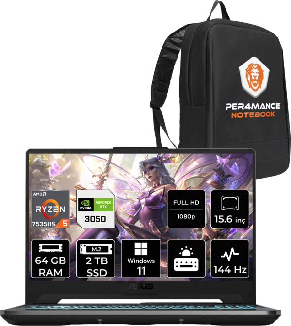 ASUS Tuf Gaming A15 R5 7535Hs 64 GB 2 TB SSD Rtx3050/4 GB 144Hz 15.6" FHD W11P Hn047 & Per4 Çanta - Image 1