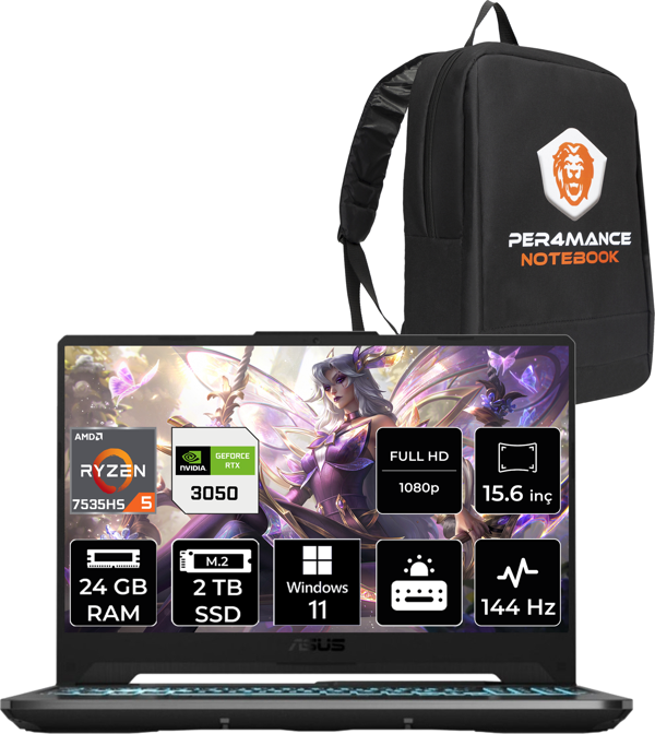 ASUS Tuf Gaming A15 R5 7535Hs 24 GB 2 TB SSD Rtx3050/4 GB 144Hz 15.6" FHD W11P Hn048 & Per4 Çanta - Image 1