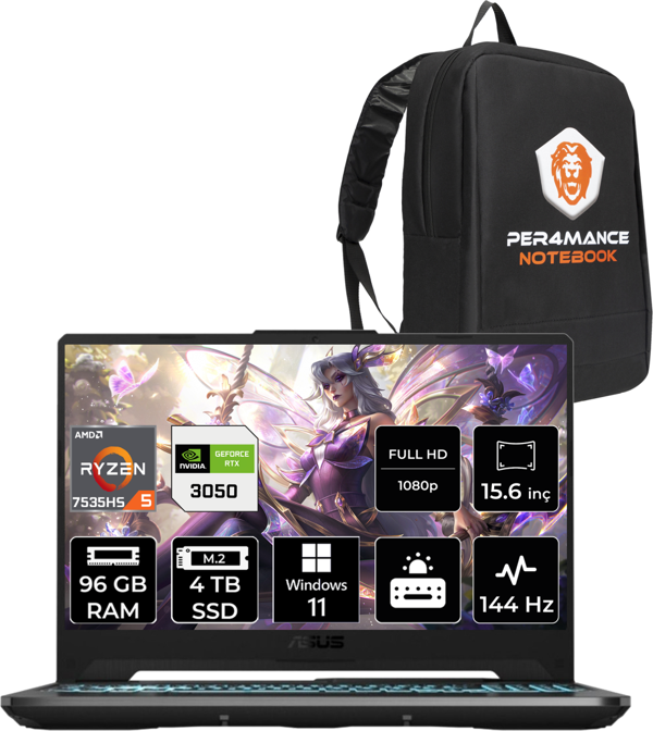 ASUS Tuf Gaming A15 R5 7535Hs 96 GB 4 TB SSD Rtx3050/4 GB 144Hz 15.6" FHD W11P Hn047 & Per4 Çanta - Image 1