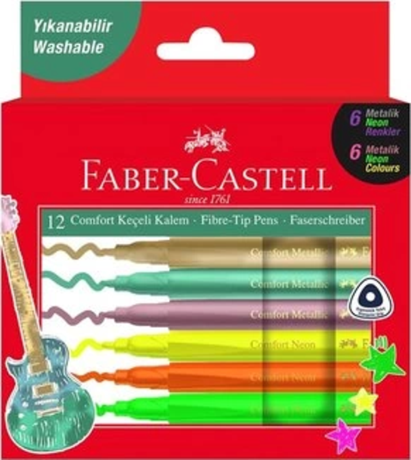 FABER-CASTELL COMFORT KEÇELİ KALEM METALİK+ NEON 12 RENK (155132) - Image 1