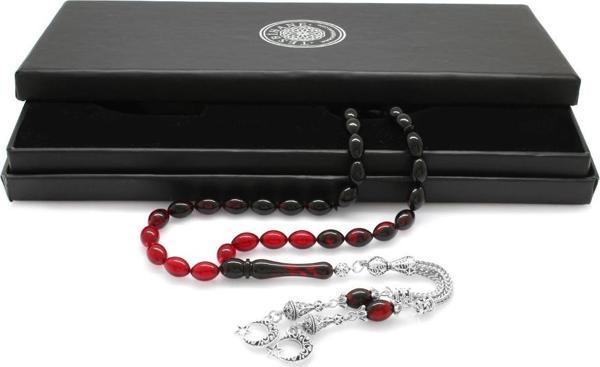 Kararmaz Metal Ayyıldız Püsküllü Arpa Kesim Süzme Kırmızı-Siyah Ateş Kehribar Tesbih - Image 1