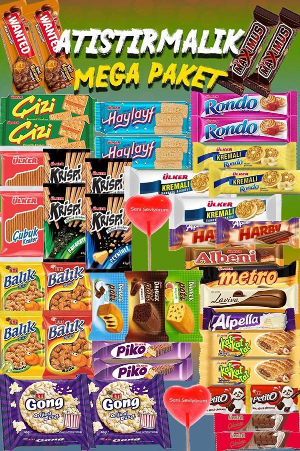 Ülker Atıştırmalık Mega Paket Bisküvi Çikolata Paketi 45 Parça Abur Cubur Paketi Tohumlu Kalem Hediyeli - Image 1