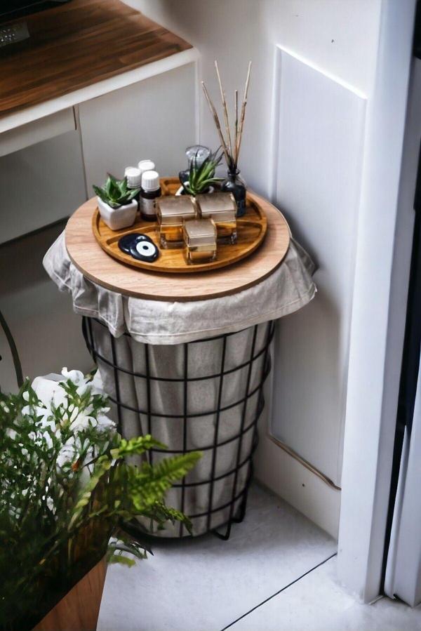 Bye Concept & More Dekoratif Çok Amaçlı Portatif Sehpa Tel Çamaşır Sepeti Kumaşlı Metal Kirli Sepeti Ve Saklama Kutusu - Image 1