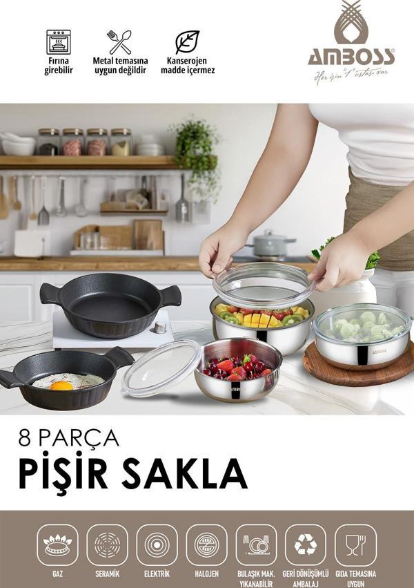 8 Parça Pişir Sakla Sahan & Paslanmaz Çelik Saklama Kabı - Image 1