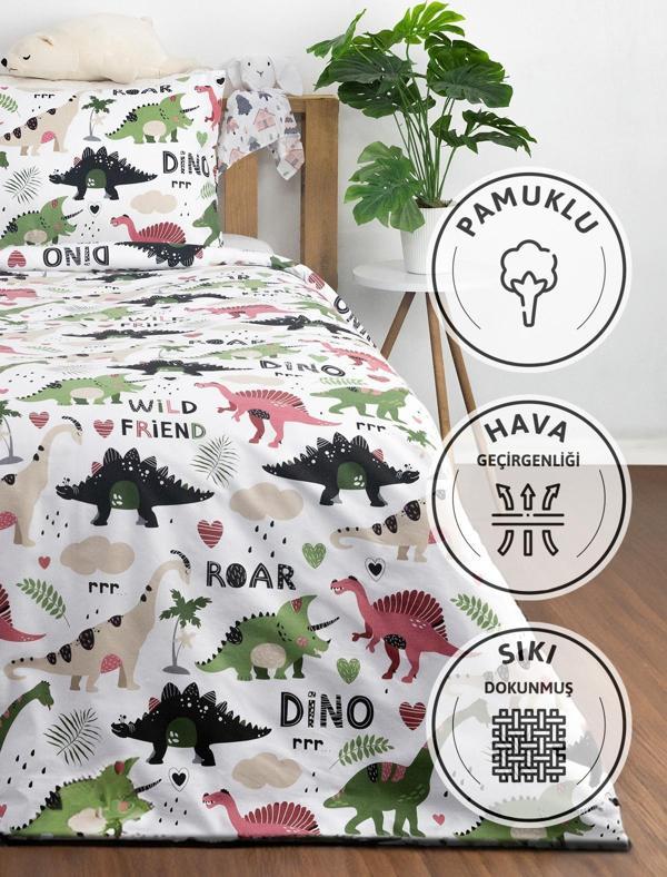 Dino %100 Pamuk Tek Kişilik Nevresim Seti - Yeşil - Image 1