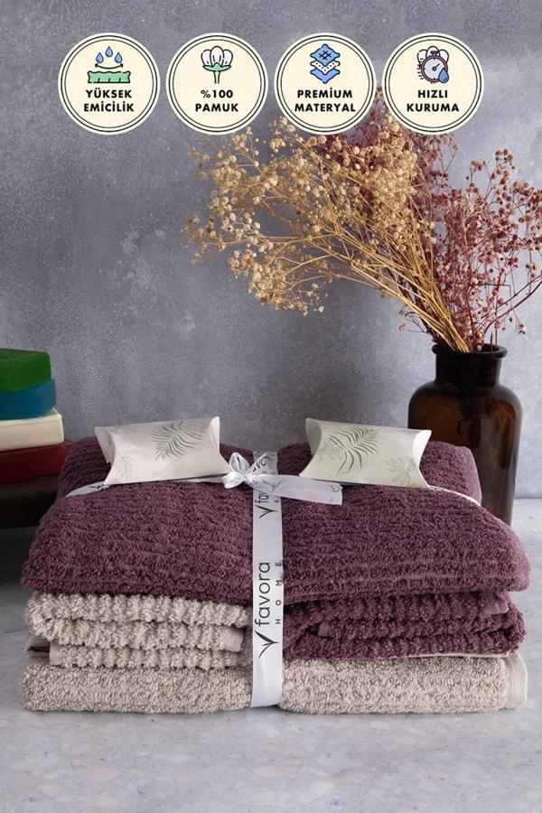 Line %100 Pamuk Luxury 6 Parça Havlu Hamam Seti - Bej Mürdüm - Image 1