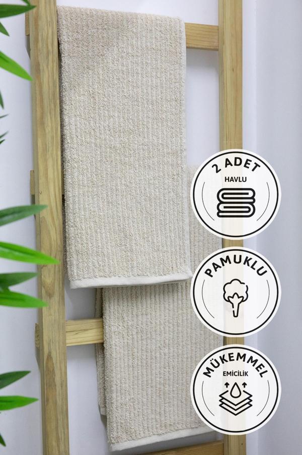 Line Luxury Pamuklu 2li El Yüz Havlusu 50x90 - Bej - Image 1