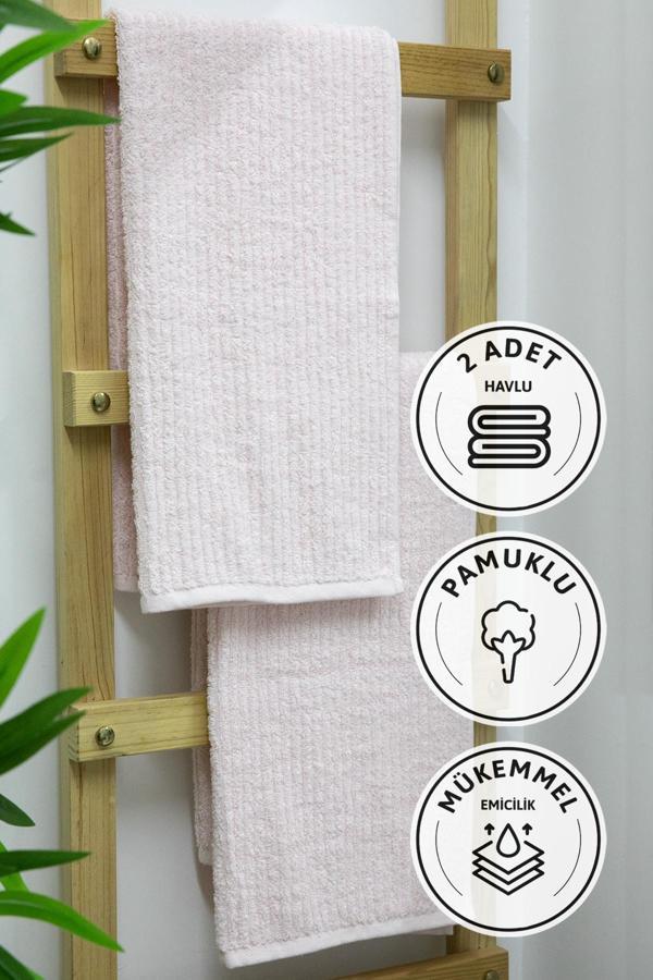 Line Luxury Pamuklu 2li El Yüz Havlusu 50x90 - Pudra - Image 1