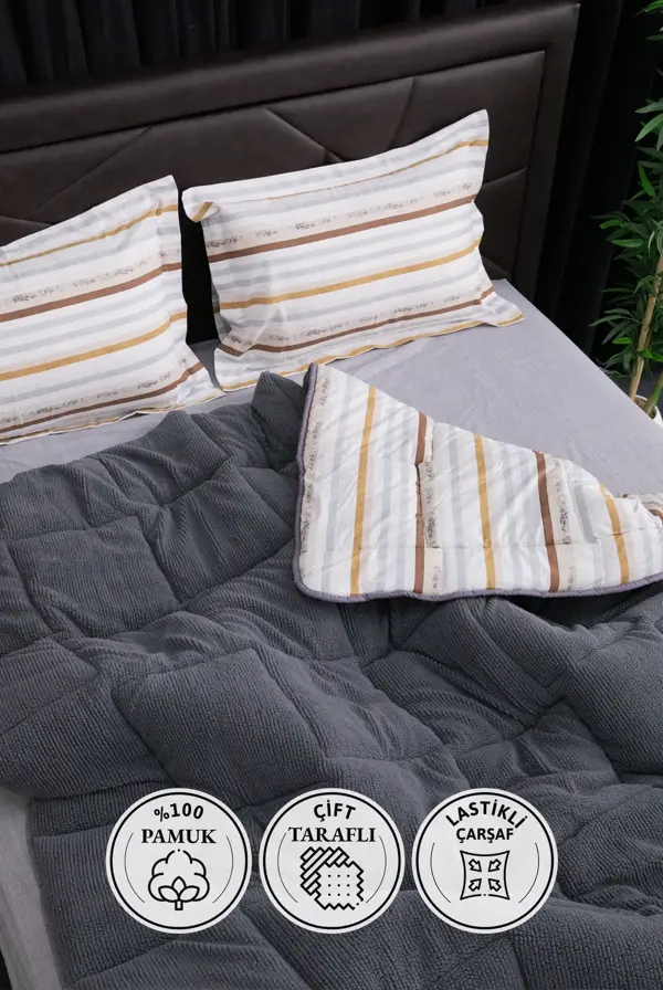 Oso Blanco Sherpa Çift Kişilik Comforter Uyku Seti -  Antrasit - Image 1