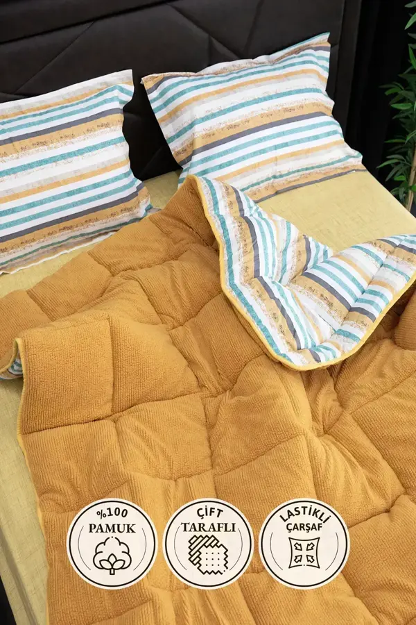 Oso Blanco Sherpa Çift Kişilik Comforter Uyku Seti - Hardal - Image 1