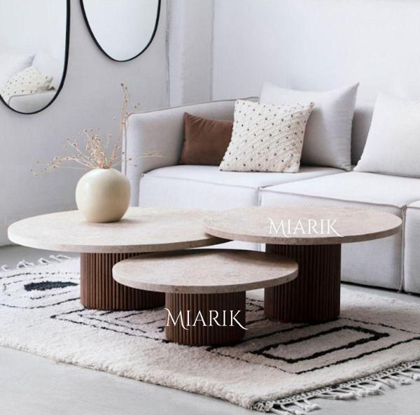 Miarik Design Dekoratif 3Lü Ahşap Ve Traverten Orta Sehpa - Image 1