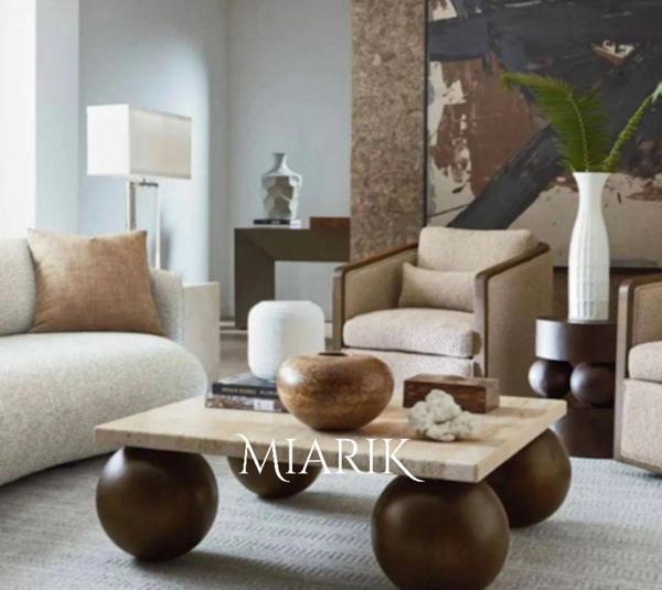 Miarik Design Dekoratif Ahşap Top Ayakli Traverten Kare Orta Sehpa - Image 1