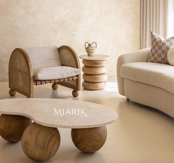 Miarik Design Dekoratif Ahşap Top Ve Traverten Mermer Orta Sehpa - Image 1