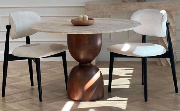 Miarik Design & Dekorasyon Yuvarlak Ahşap Bogum Ayak Traverten Tabla Mermer Yemek Masası - Image 1
