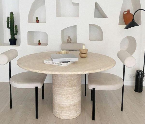 Miarik Design & Dekorasyon Yuvarlak Eleanor Tek Silindir Ayak Traverten Mermer Yemek Masası - Image 1