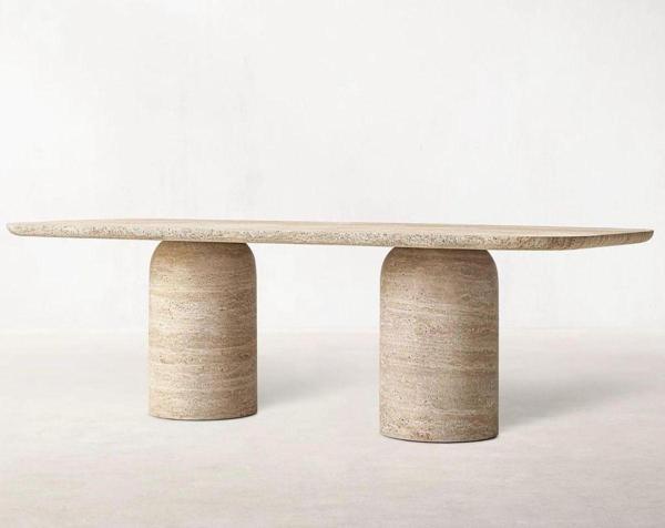 Miarik Design 2 Mermi Calandha Ayaklı Traverten Mermer Yemek Masası - Image 1