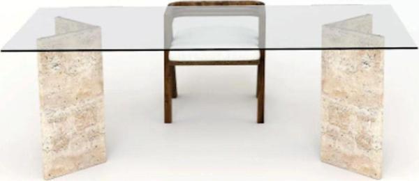 Miarik Design Traverten Uzun V Ayak Cam Tablali Yemek Masası - Image 1
