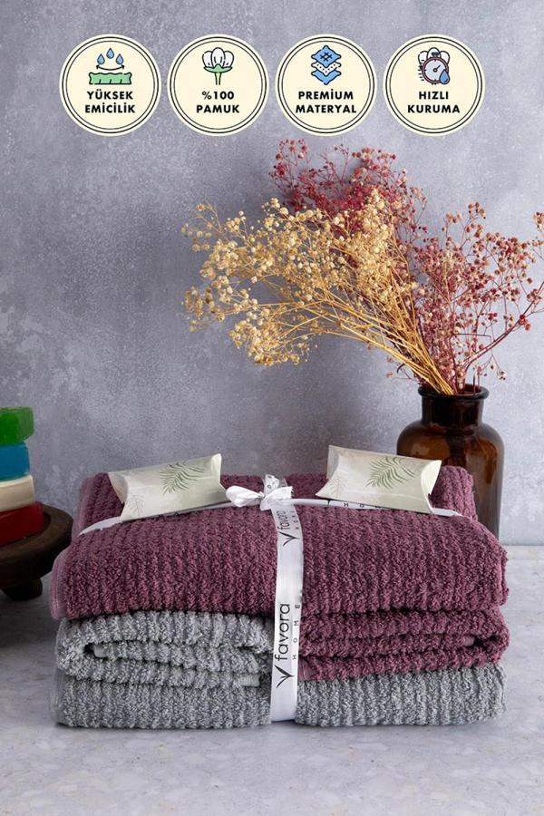 Line %100 Pamuk Luxury 6 Parça Havlu Hamam Seti - Gri Mürdüm - Image 1