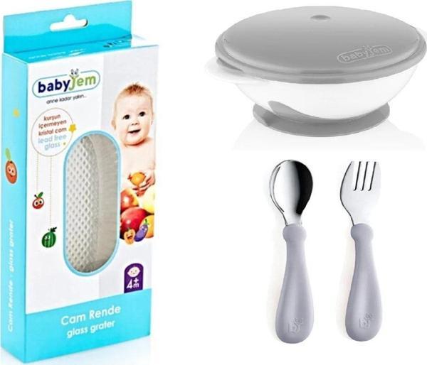 Babyjem Cam Rende + Gri Paslanmaz Çelik Çatal Kaşık Seti - Image 1