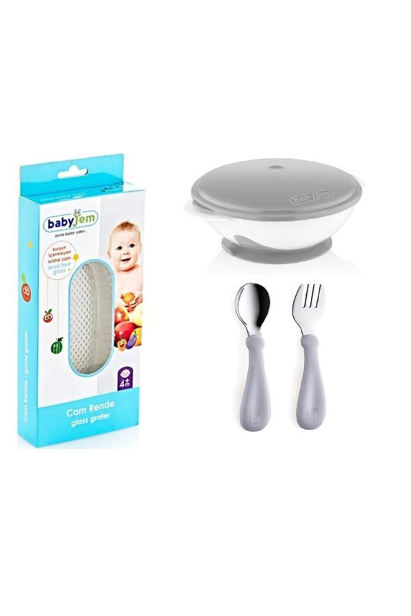 Babyjem Cam Rende + Gri Paslanmaz Çelik Çatal Kaşık Seti - Image 1
