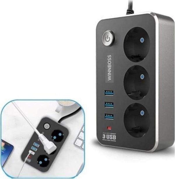 Isıya Dayanıklı Termal Akım Korumalı 2 Mt 10A 2500W 3lü Priz ve 3 Usbi 21A Uzatma Kablosu - Image 1