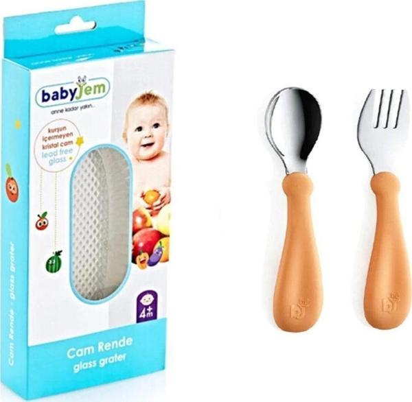 Babyjem Cam Rende + Turuncu Paslanmaz Çelik Çatal Kaşık Seti - Image 1