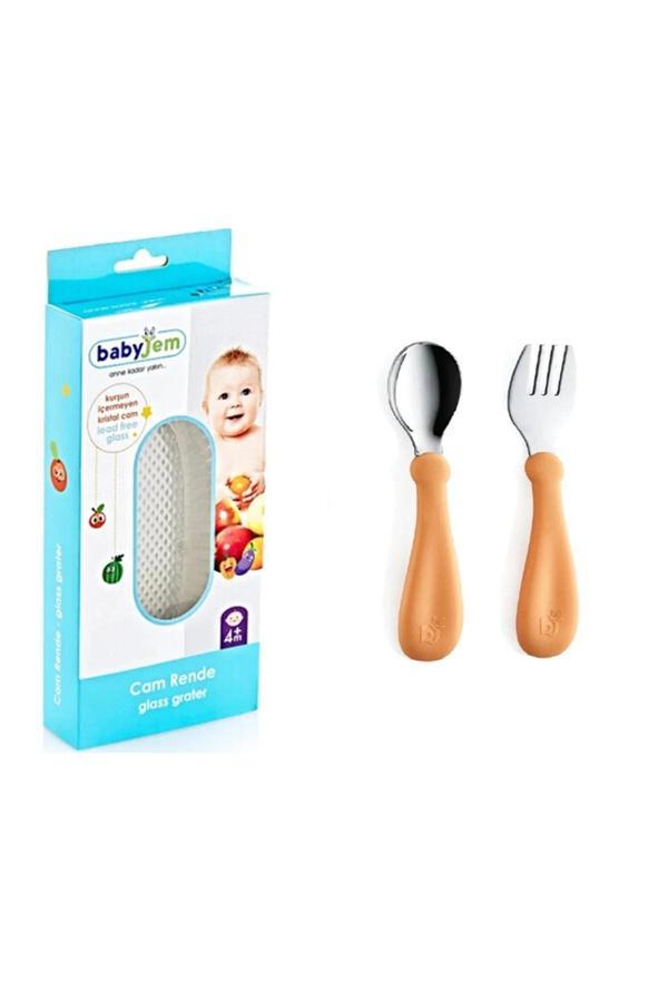 Babyjem Cam Rende + Turuncu Paslanmaz Çelik Çatal Kaşık Seti - Image 1