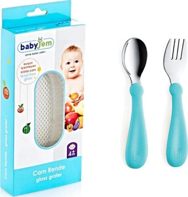 Babyjem Cam Rende + Turkuaz Paslanmaz Çelik Çatal Kaşık Seti - Image 1