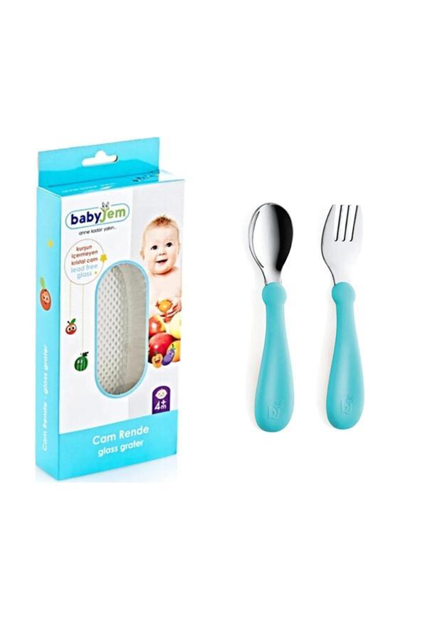 Babyjem Cam Rende + Turkuaz Paslanmaz Çelik Çatal Kaşık Seti - Image 1