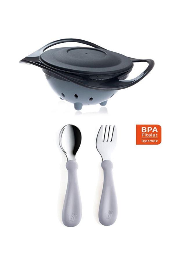 Babyjem Dökülmeyen Tabak Gri + Paslanmaz Çatal Kaşık Seti Gri - Image 1