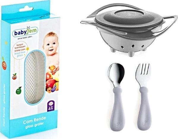 Babyjem Cam Rende + Dökülmeyen Tabak Gri + Paslanmaz Çelik Çatal Kaşık Seti Gri - Image 1