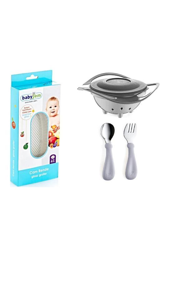 Babyjem Cam Rende + Dökülmeyen Tabak Gri + Paslanmaz Çelik Çatal Kaşık Seti Gri - Image 1