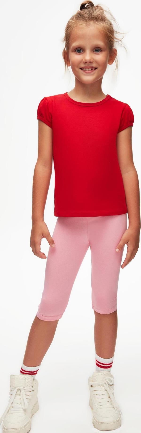 Açık Kırmızı Basic Kız Çocuk Sıfır Yaka Karpuz Kol Tişört - Image 1