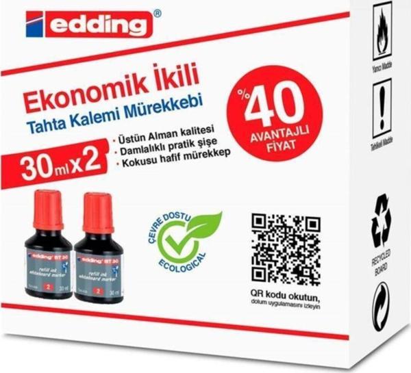Edding Bt30 Tahta Kalem Mürekkebi Damlalıklı Ekonomik 30 Ml Kırmızı (2 Li Paket) - Image 1