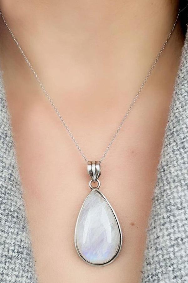 925 Ayar Gümüş Ay Taşı Tasarım Doğal Taş Kolye - Image 1