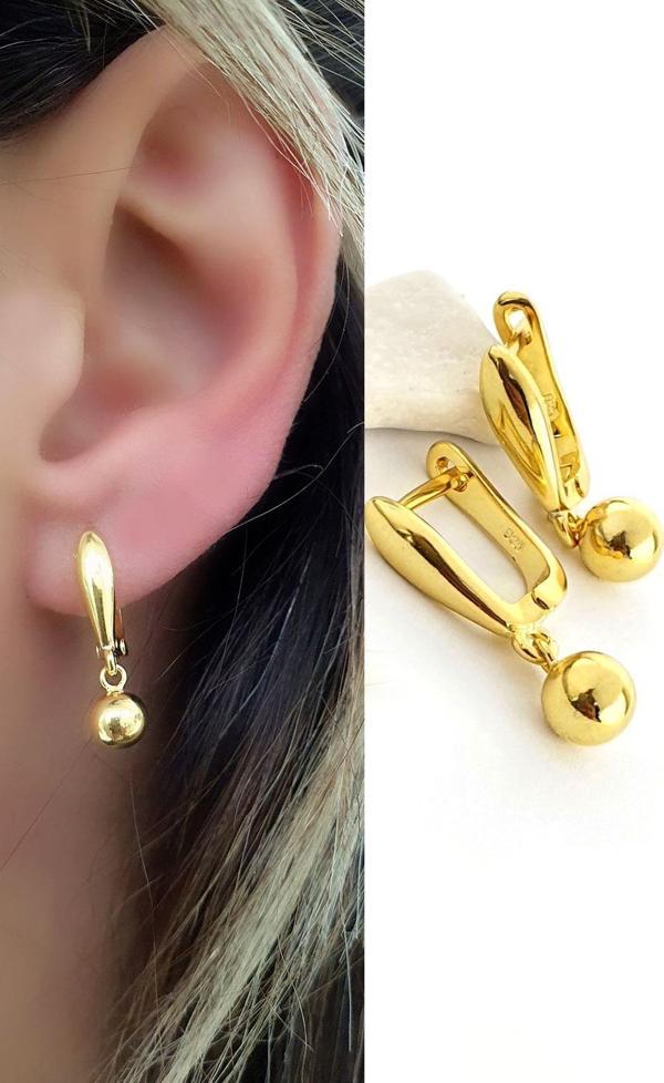 İtalyan Tasarımı 925ayar Gümüş Üzerine Altın Kaplama Sallantılı Top Küpe - Image 1