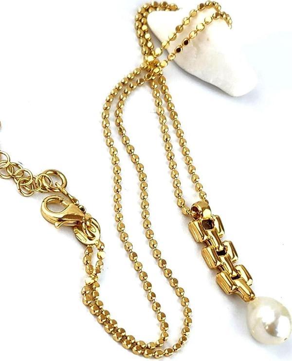 İtalyan 925 Ayar Gümüş Üzerine Altın Kaplama Tasarım İnci Kolye - Image 1